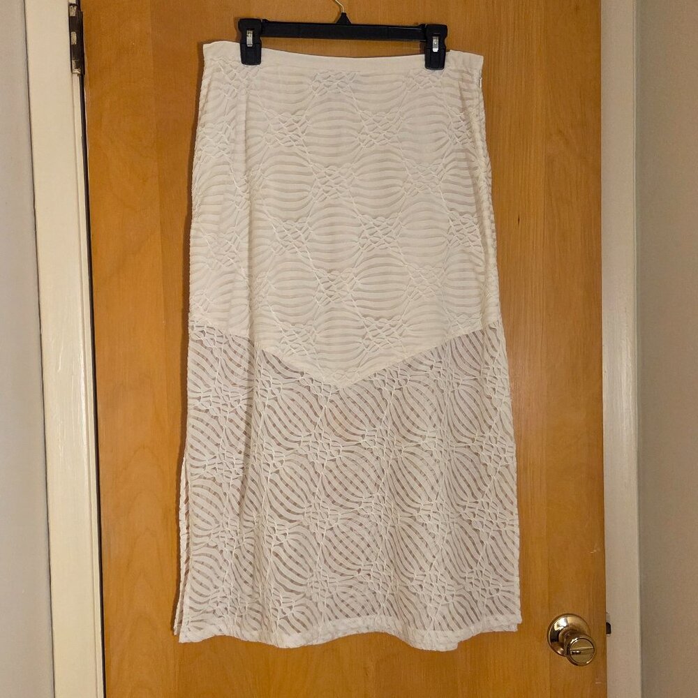 Vintage Blue Ice Sheer Lace Maxi Skirt Size 12 White Stretch Coquette Fairy Twee